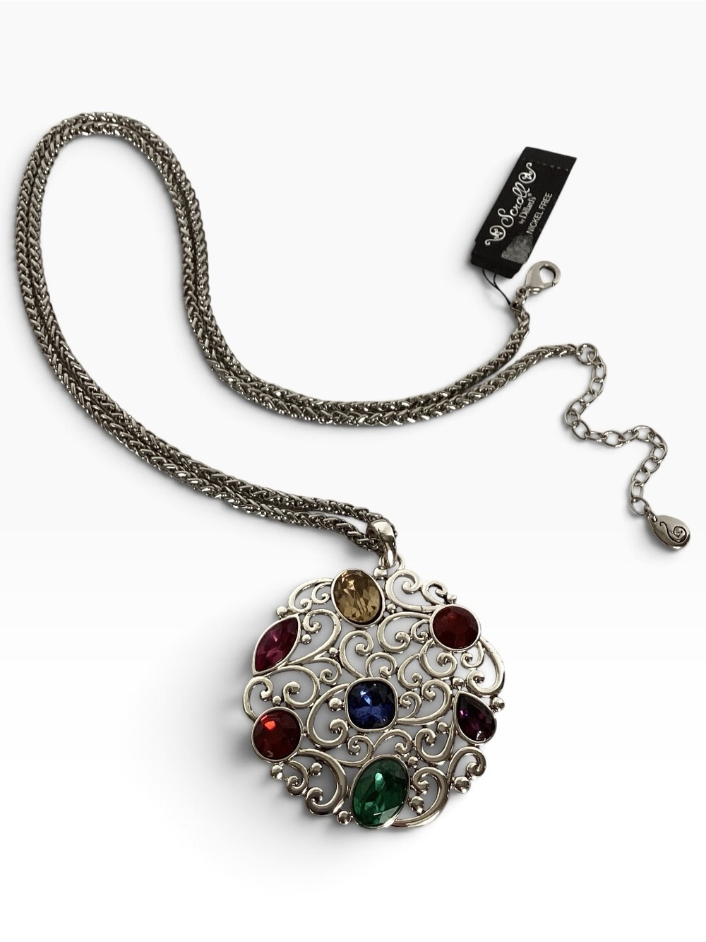 Scroll Multicolor Rhinestone Pendant Necklace Silver Tone Round Scroll Filigree